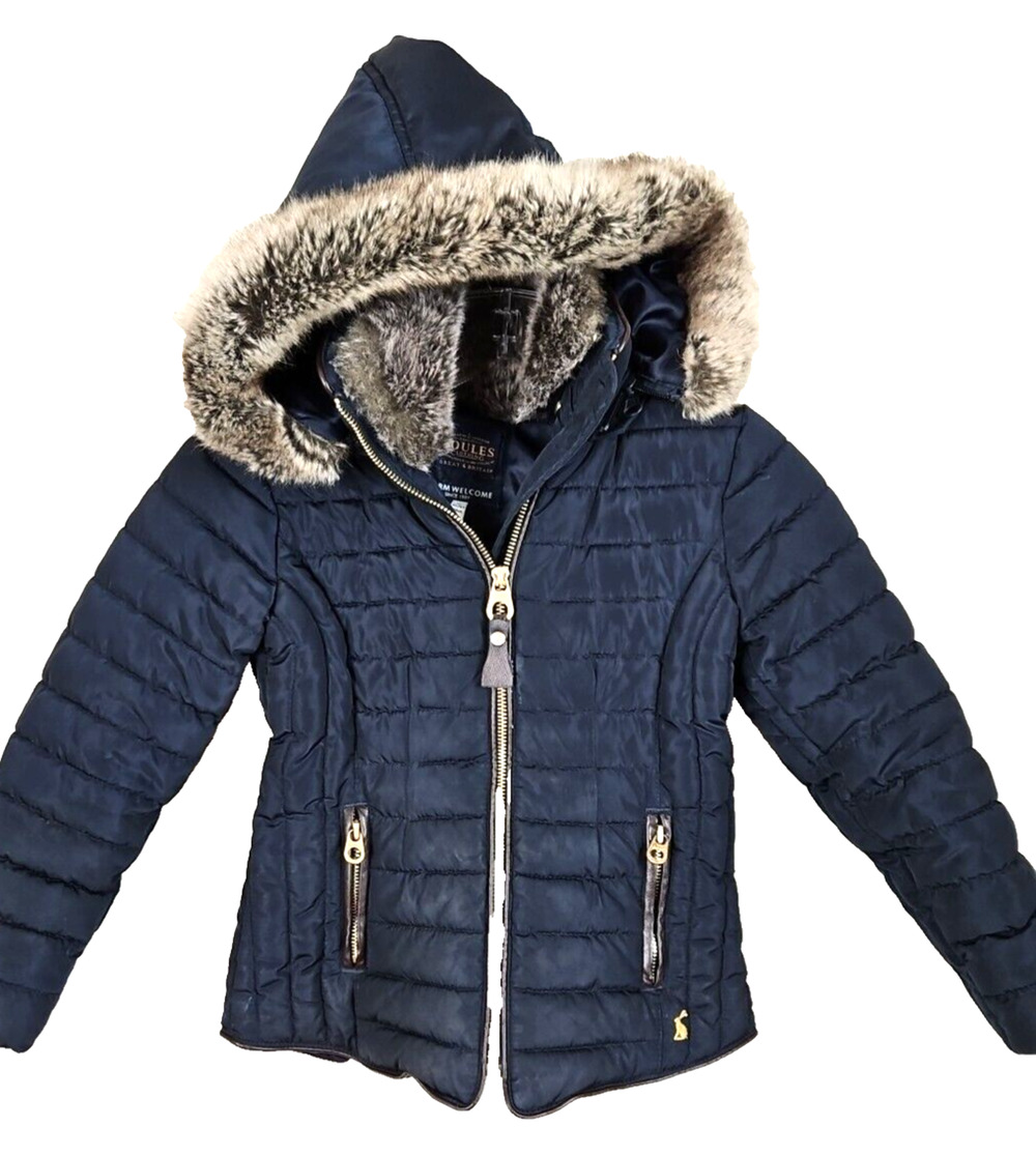 Joules Odrgosfield Coat girls children size 6 black puffer fur hood detachable
